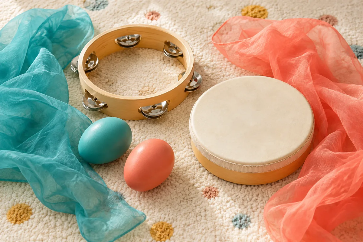 A tambourine, drum, shakers and sensory scarves