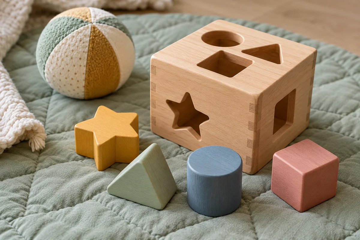 A chunky shape sorter and soft baby toy