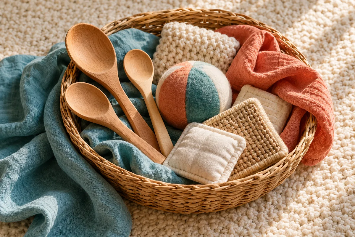 A baby treasure basket with tactile objects