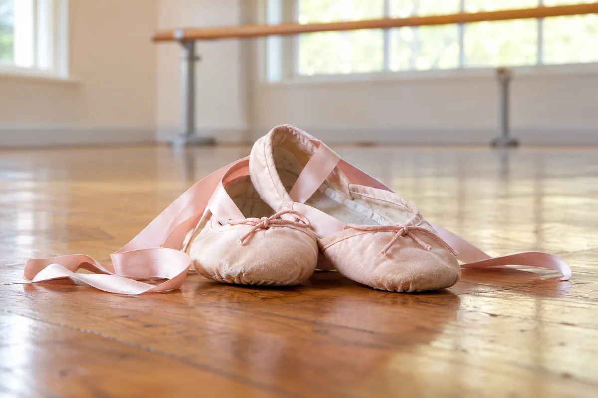 Soft ballet slippers on a wooden dance floor