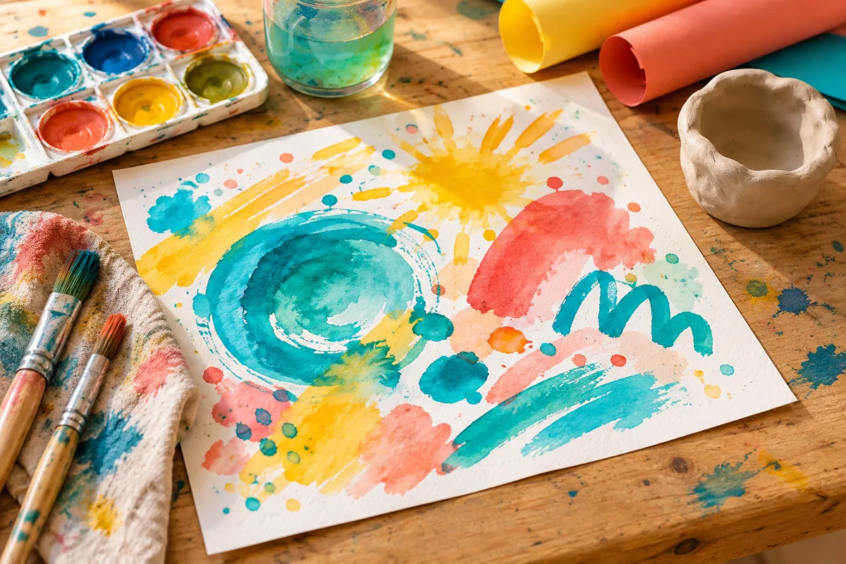 Watercolour paints and a colourful paper artwork