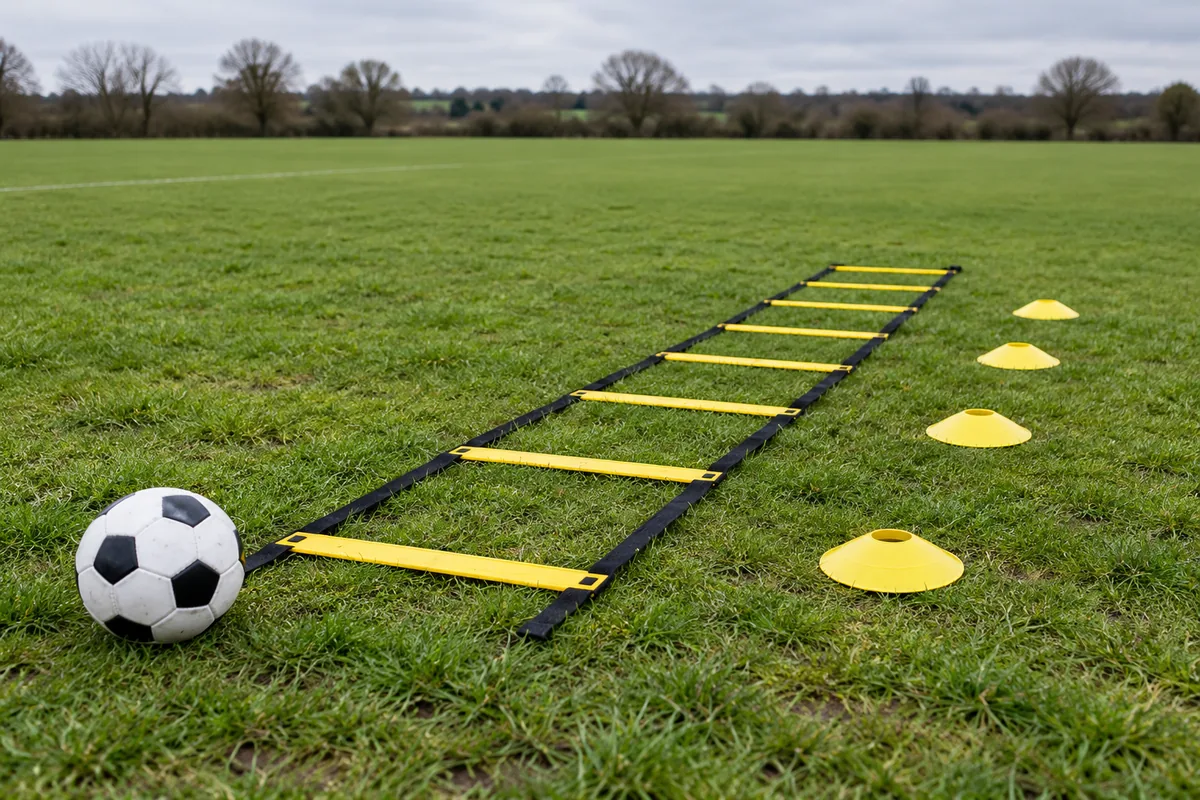 A football and agility ladder on grass