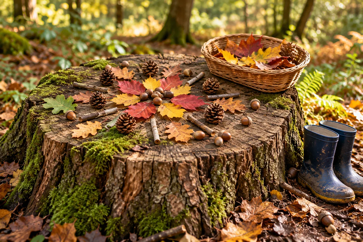 Autumn leaves and nature crafts on a woodland stump