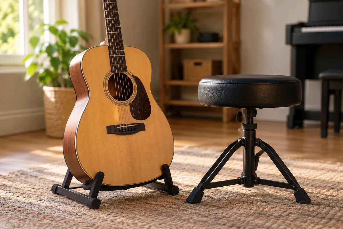 An acoustic guitar beside a music stool