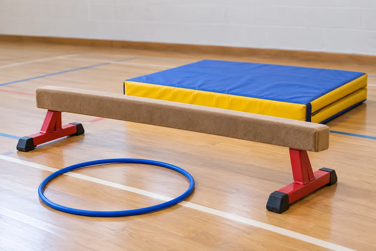 A low balance beam, padded mat and hoop