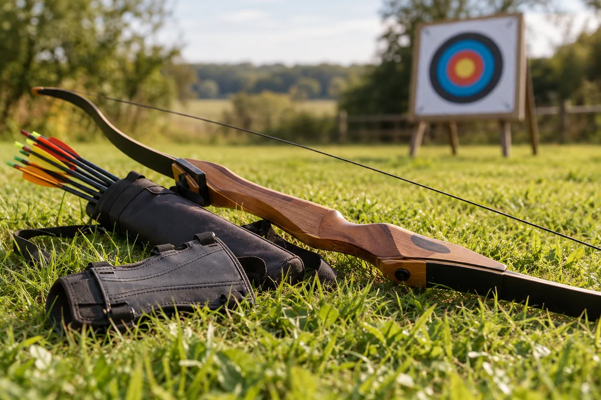 A recurve bow, arm guard and quiver