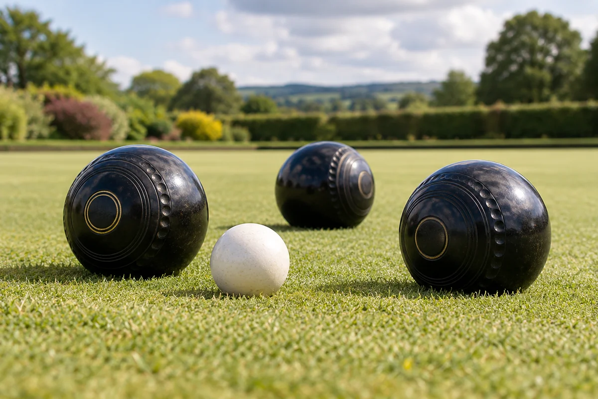 Lawn bowls and a white jack on a bowling green