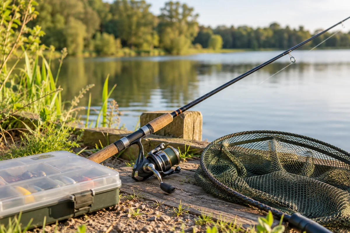 A fishing rod, landing net and tackle box