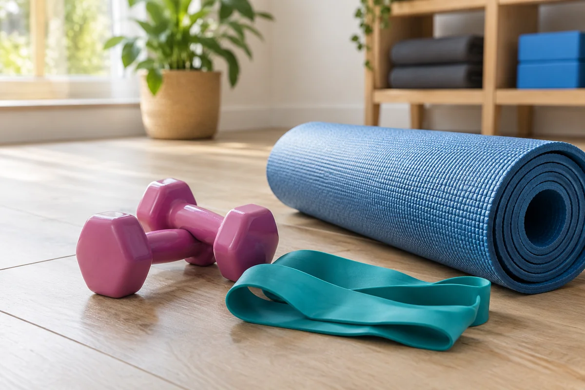 Dumbbells, a resistance band and an exercise mat