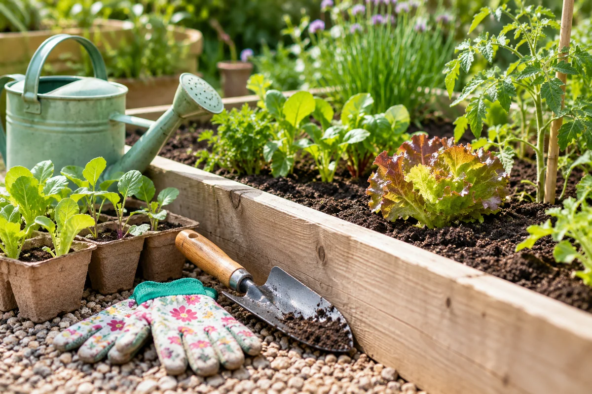 Gardening tools and seedlings beside a planter