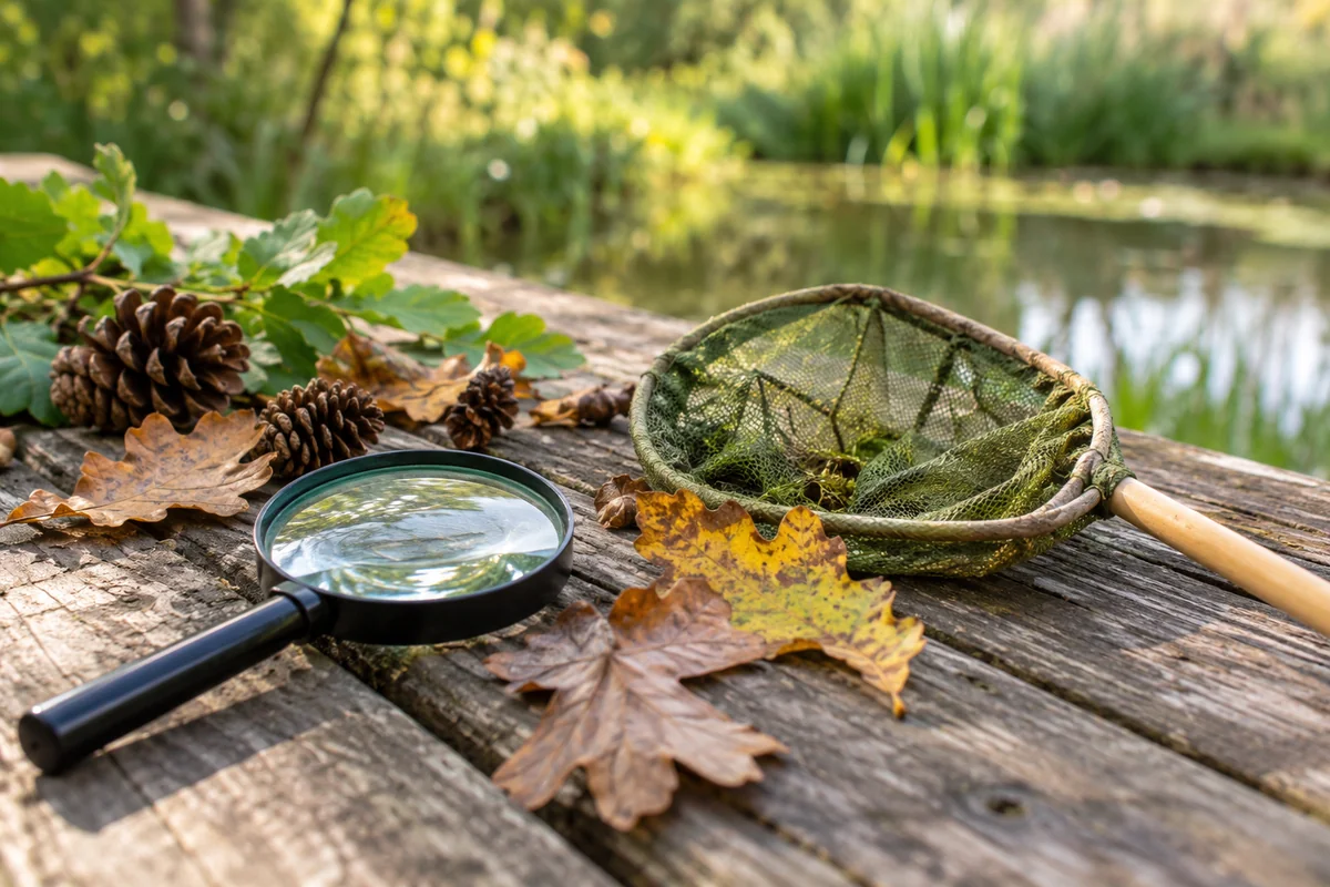 A magnifying glass, leaves and pond-dipping net