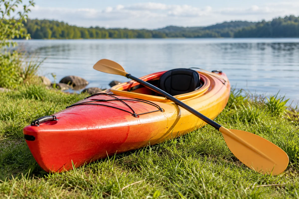 A kayak and paddle beside a lake