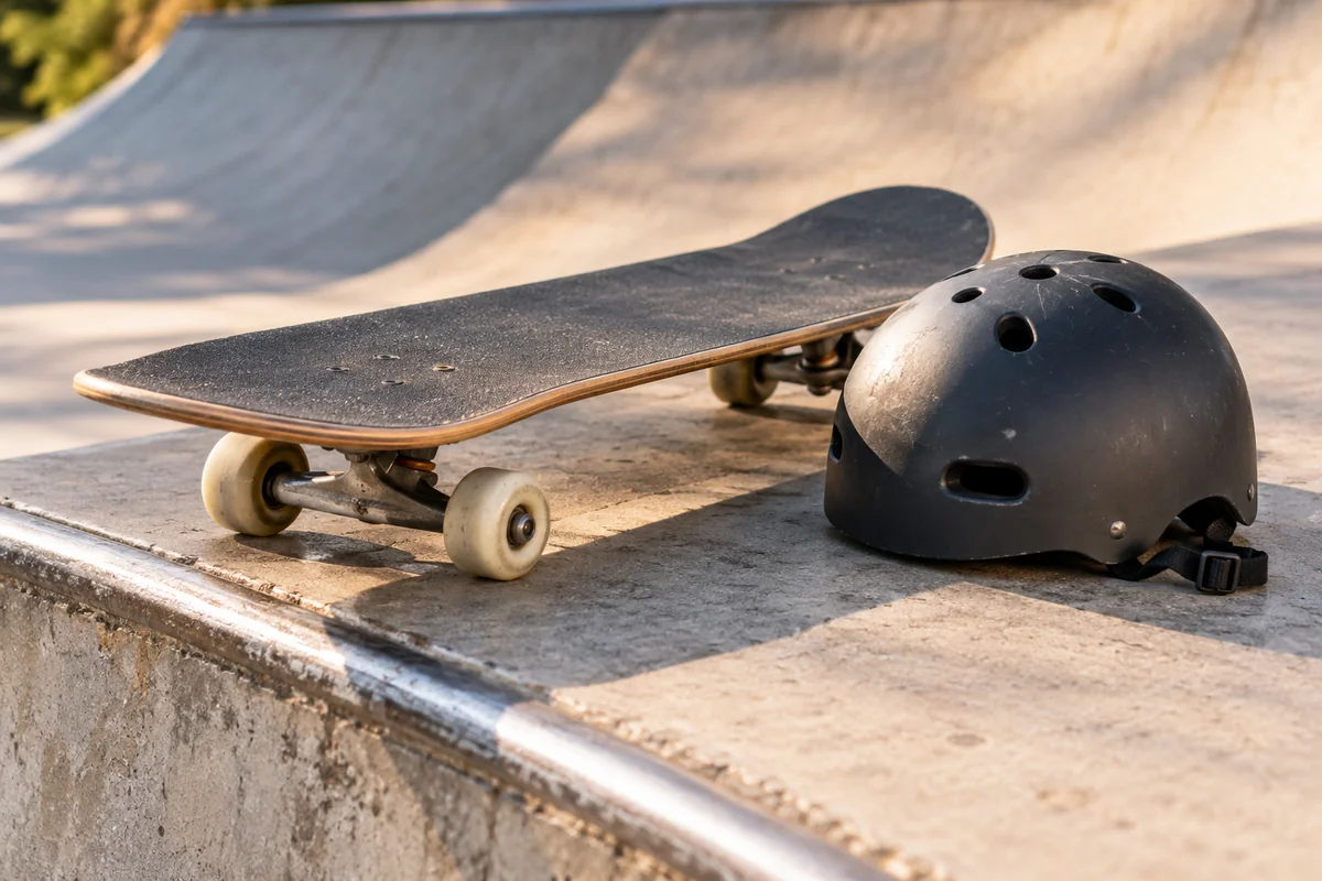 A skateboard and helmet beside a ramp