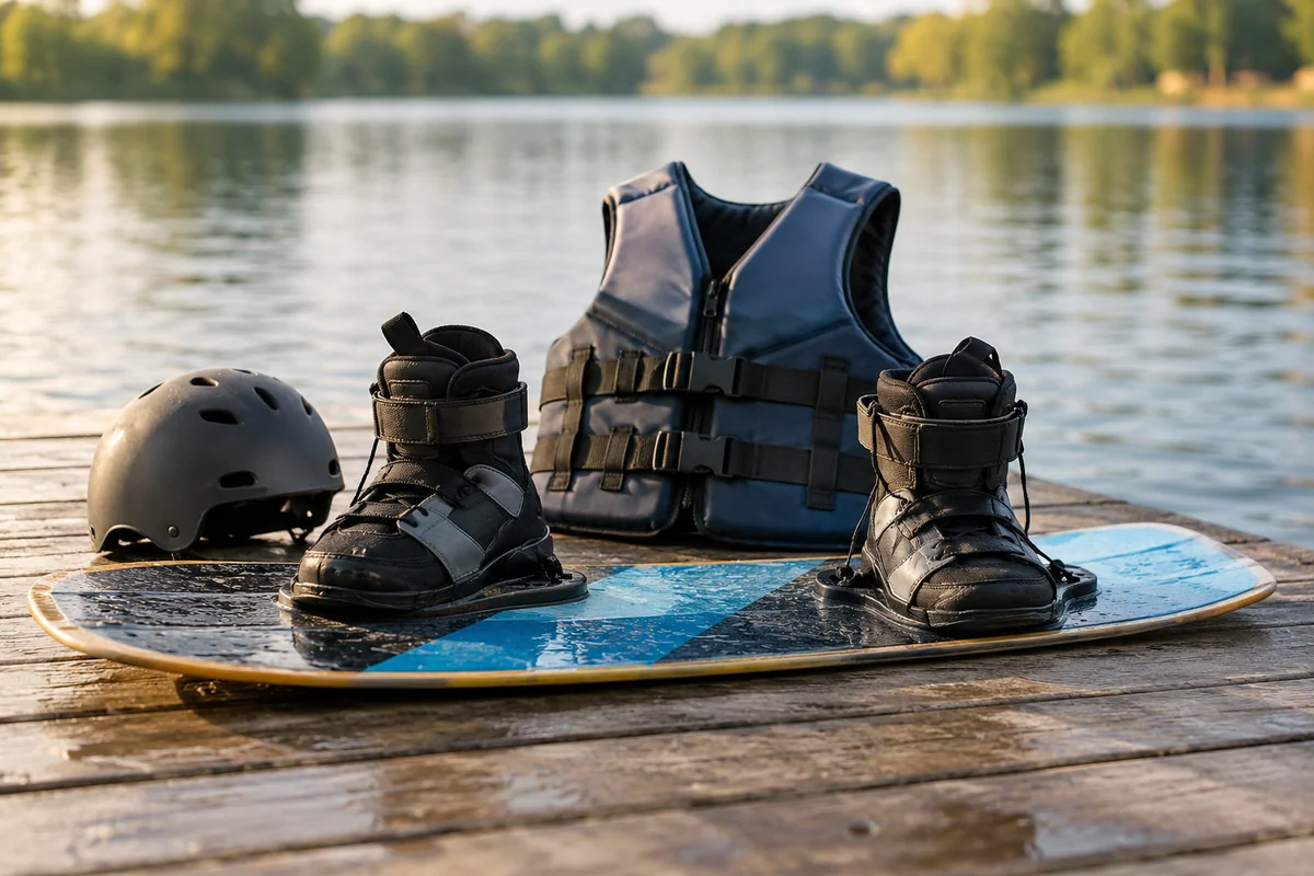 A wakeboard, buoyancy vest and helmet