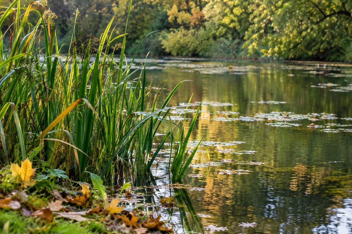 Pond water, reeds and autumn leaves