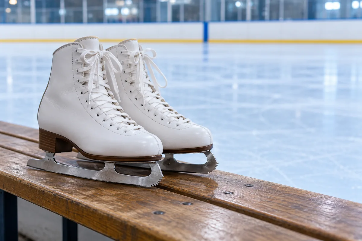 Ice skates beside an empty rink