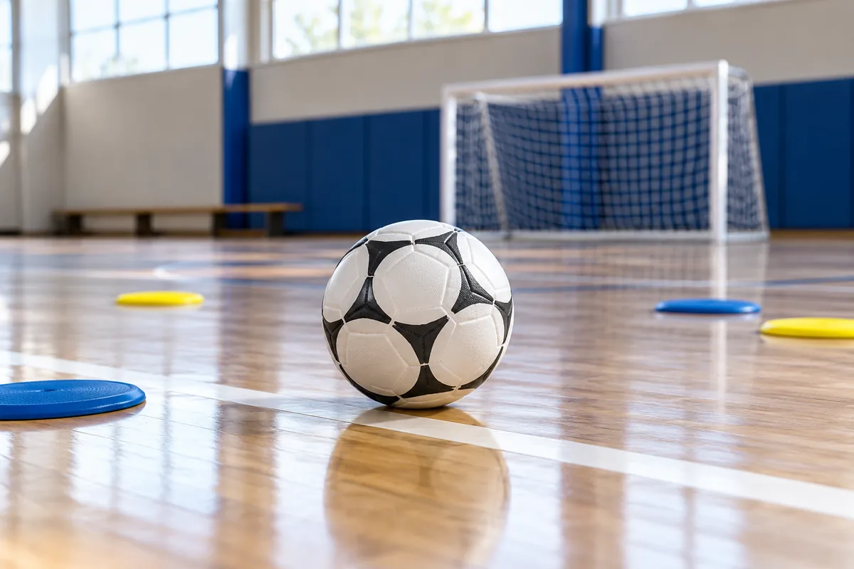A futsal ball and training discs in an indoor sports hall
