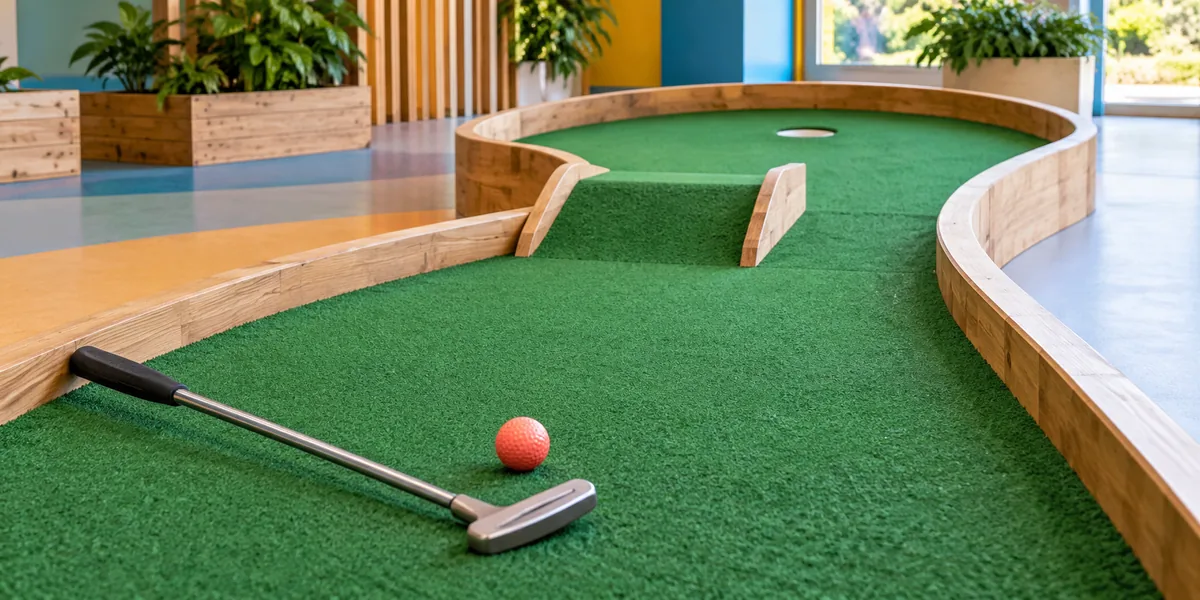 A putter and ball beside an indoor mini-golf lane