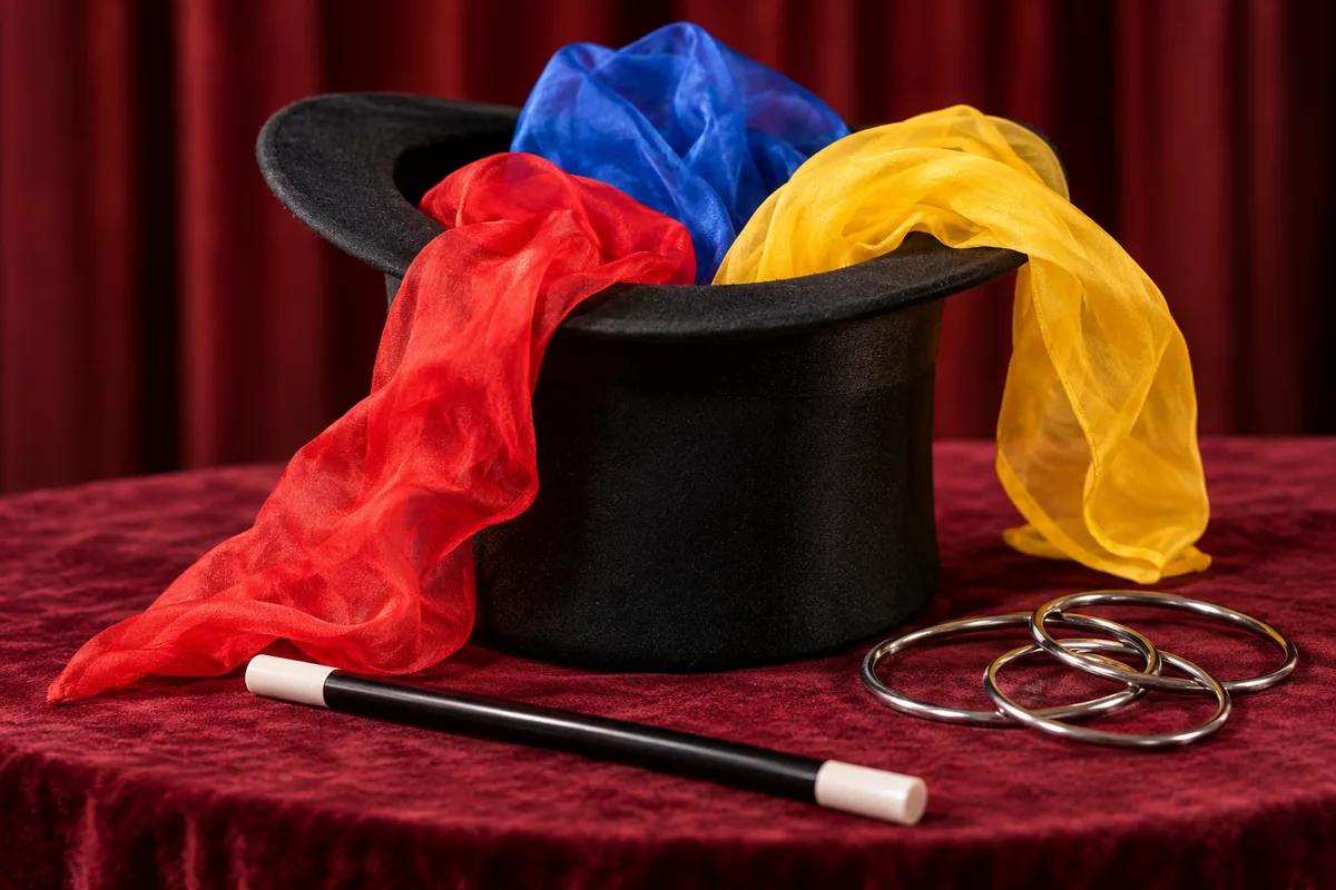 A magician's hat, wand, scarves and linking rings