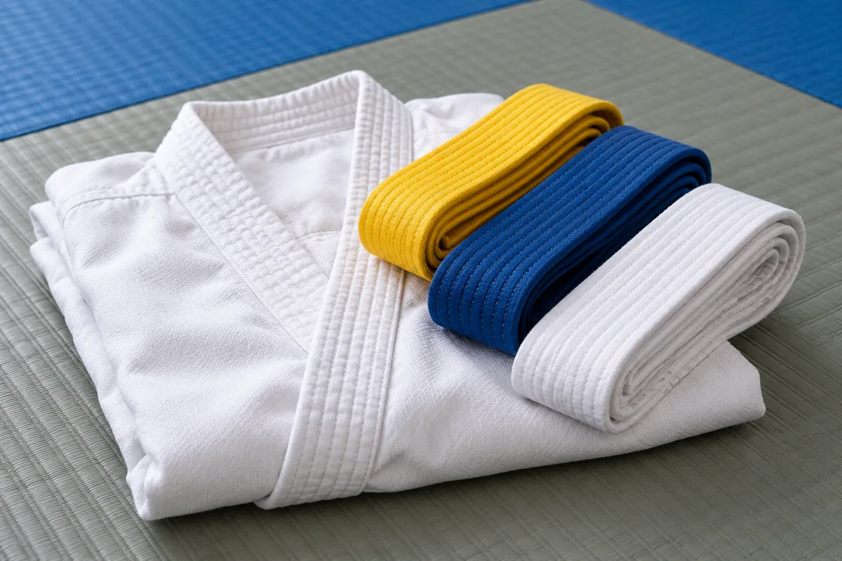 A martial arts uniform and training belts