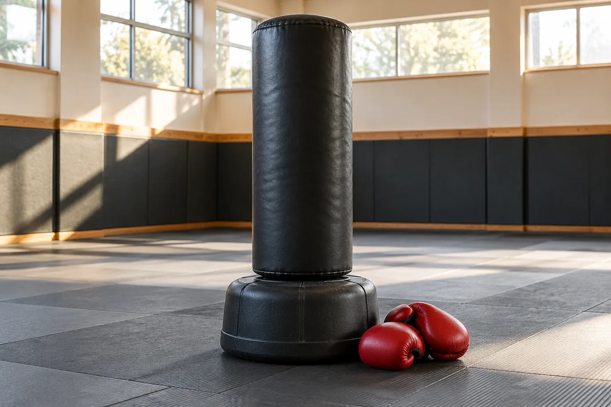 A martial arts training bag and boxing gloves