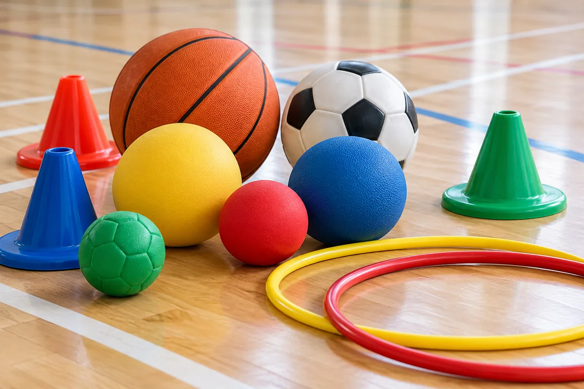 Sports balls, cones and hoops in a sports hall