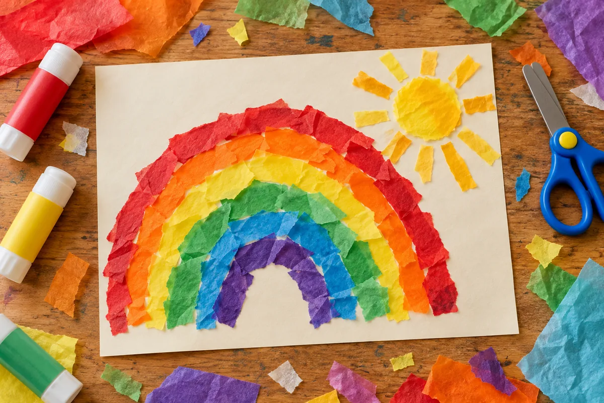 Paper collage materials and a rainbow artwork