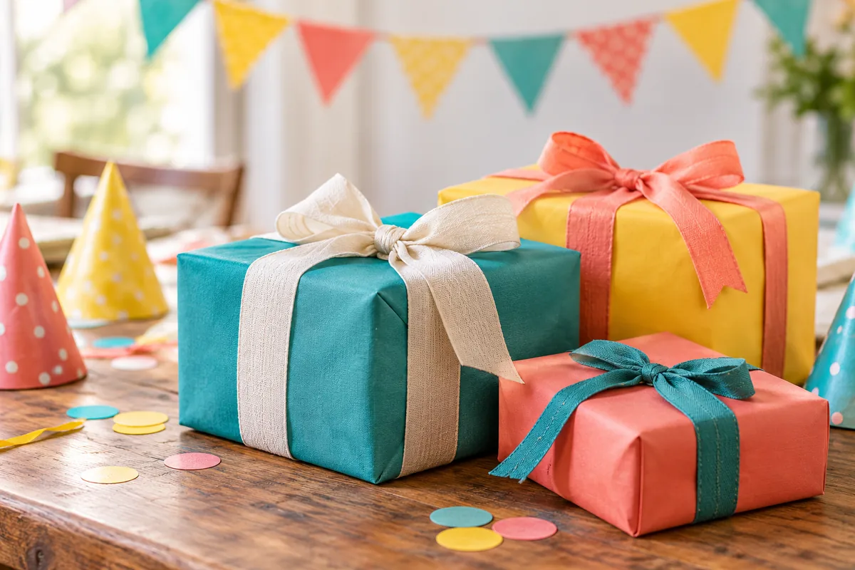 Birthday presents, paper party hats and bunting