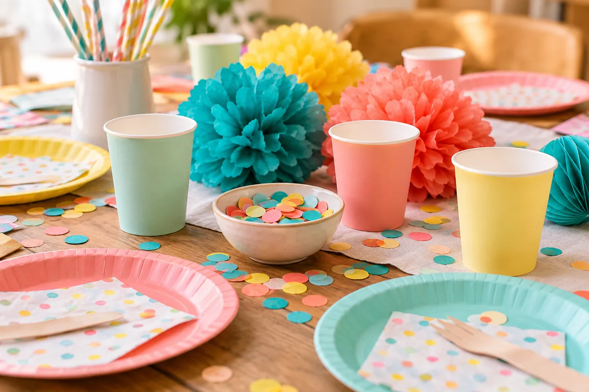 Colourful paper party decorations and tableware