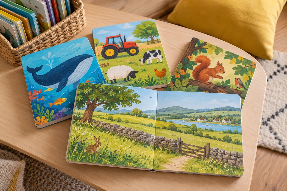 Colourful picture books and a book basket