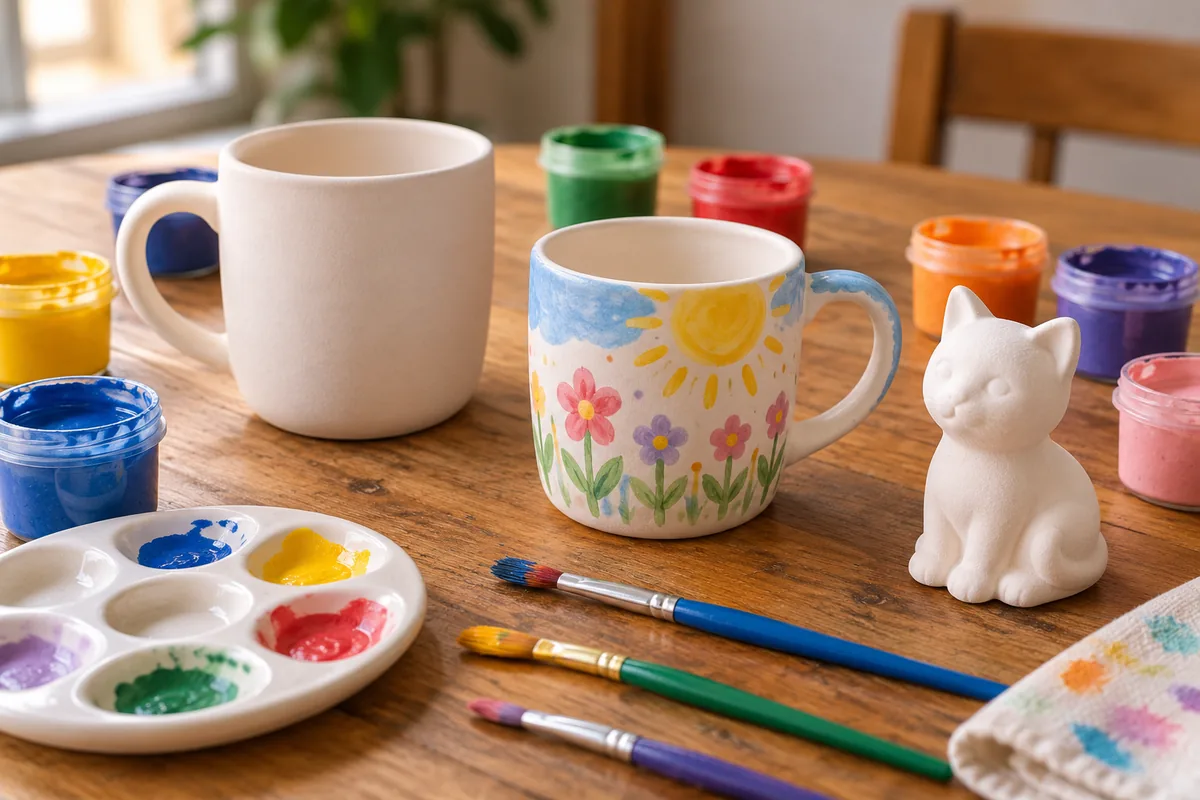 Ceramic mugs, an animal shape and pottery paints