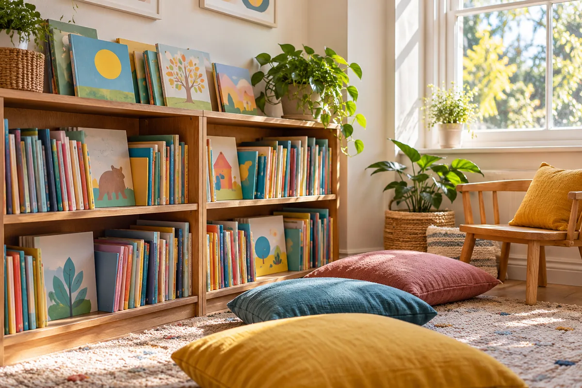 Books and cushions in a reading corner