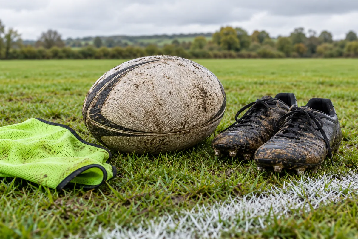 A rugby ball and boots beside a touchline