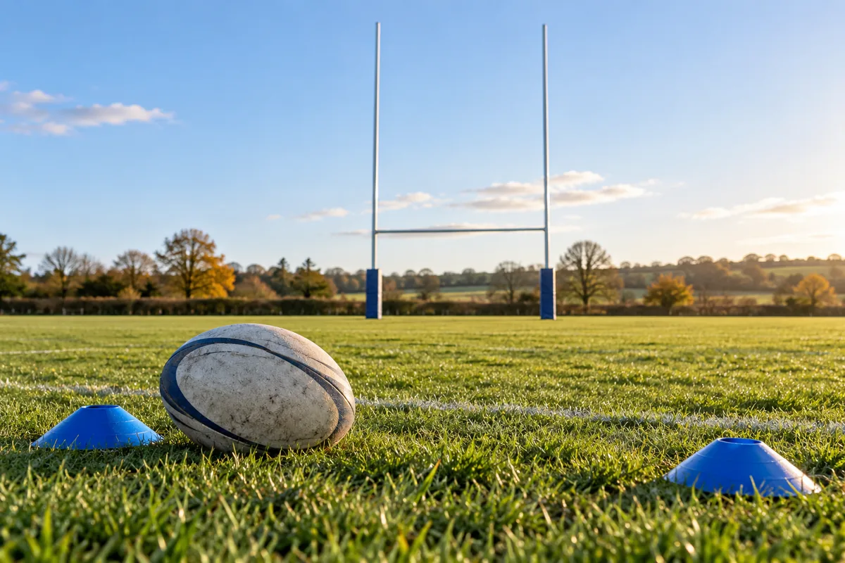 A rugby ball and cones on a pitch with goalposts
