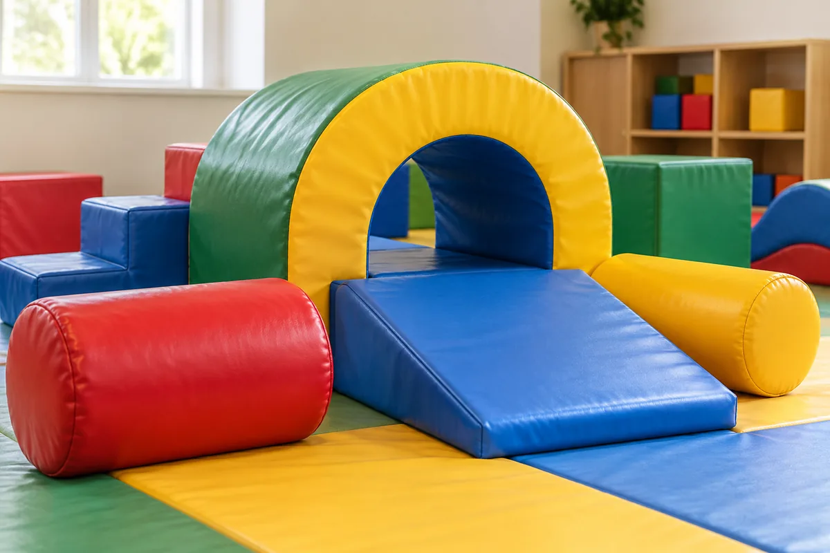 A padded play tunnel, foam ramp and cushions