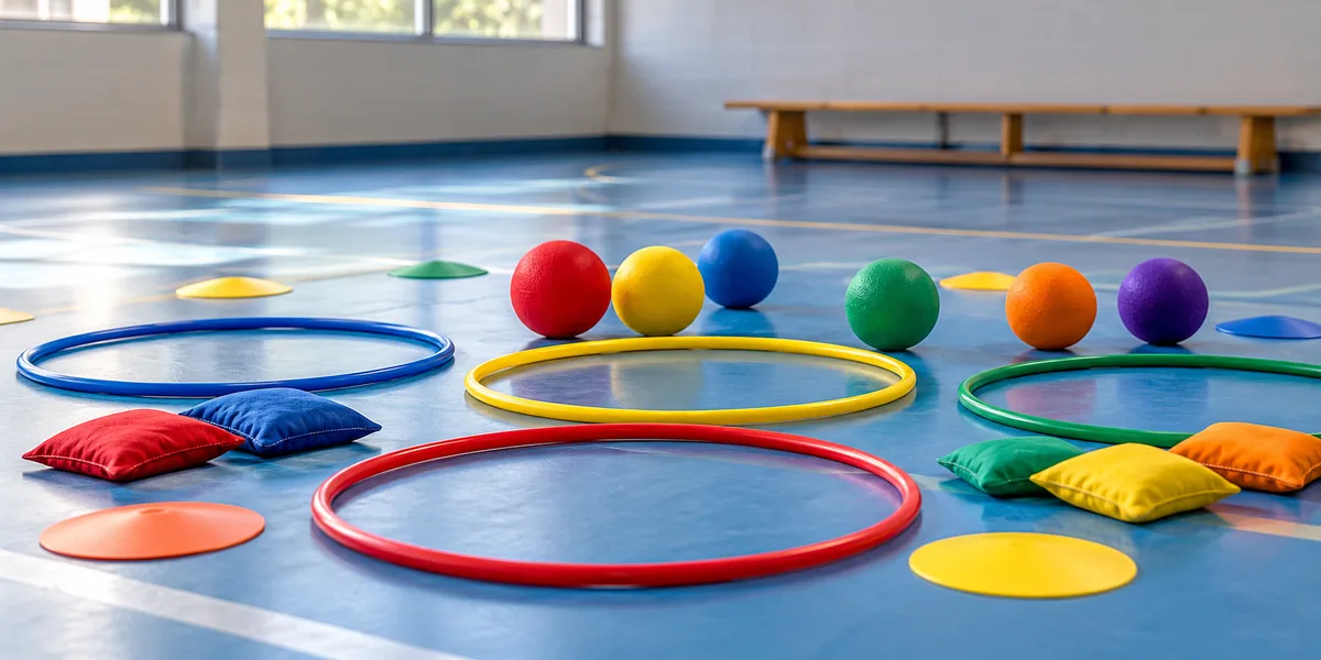 Hoops, soft balls, beanbags and markers in a sports hall