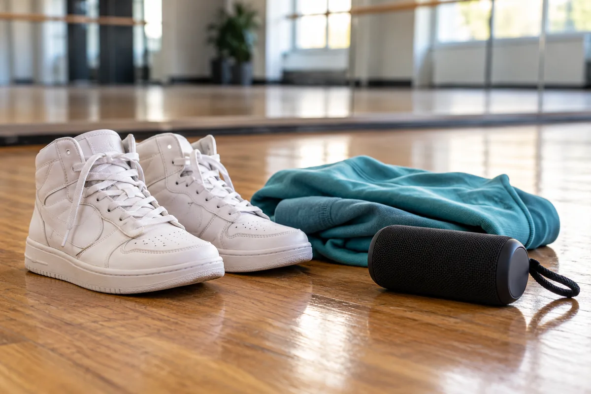 Trainers and a speaker on a wooden dance floor