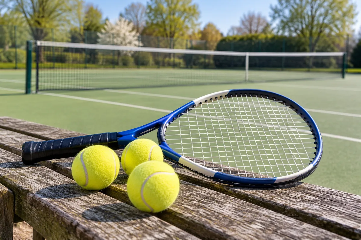 A tennis racket and balls beside a court