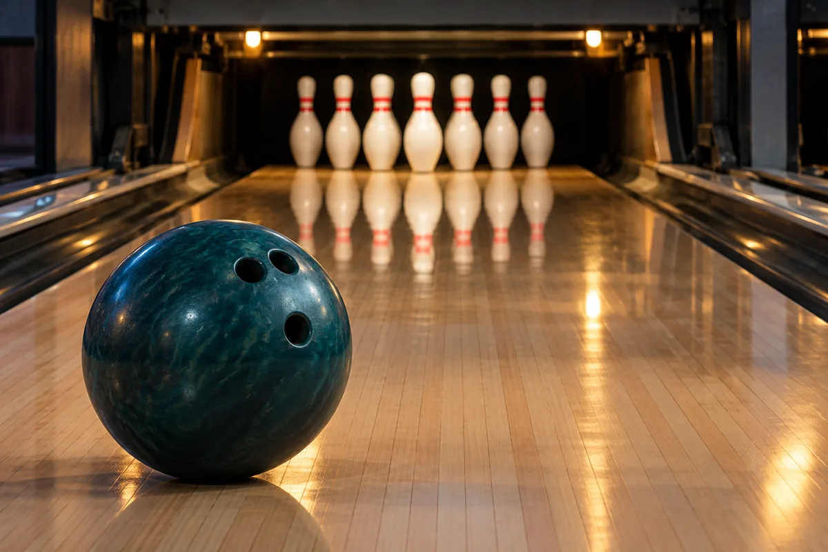 A ten-pin bowling lane and ball