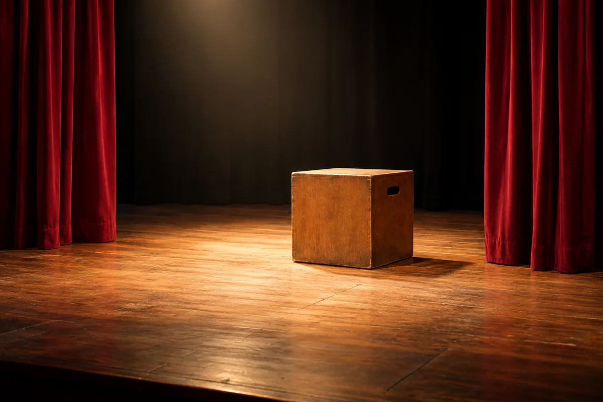 An empty rehearsal stage with curtains and a wooden cube