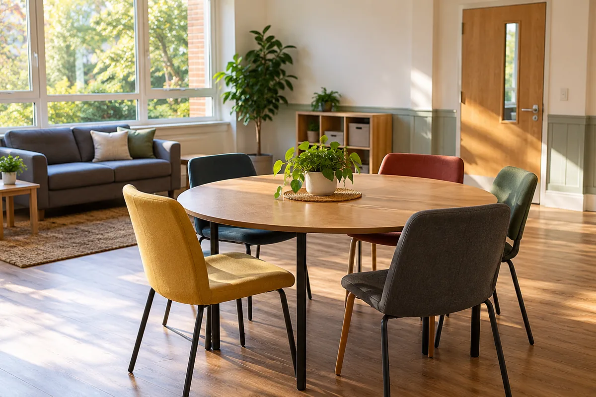 A table and chairs in a community room
