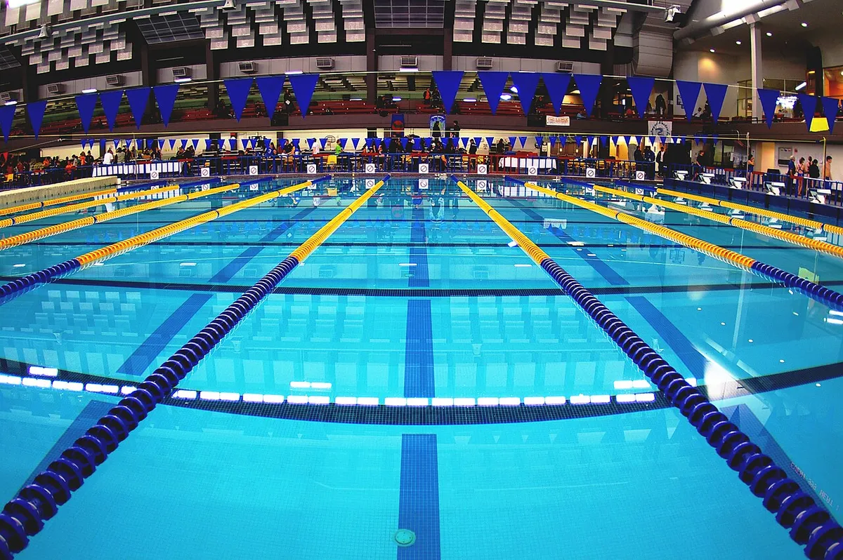 Swimming pool with lane ropes in place